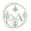 tree, compass, fleur de lis, mountain in circular shape tattoo design idea