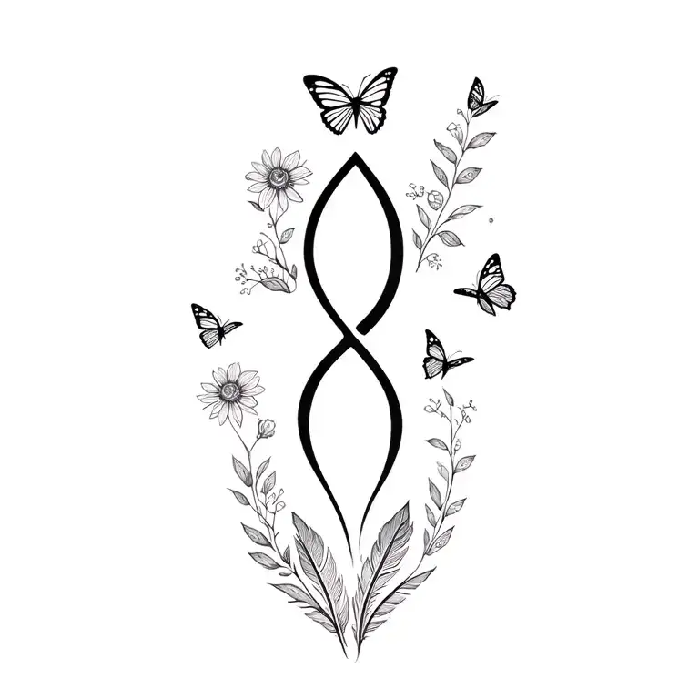 sanskrit breathe symbol with wildflowers, butterflies and feathers  tattoo design idea