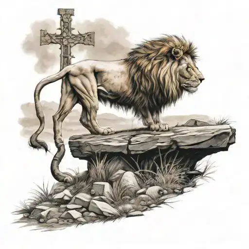 lion above 3 crosses on a hill tattoo design idea