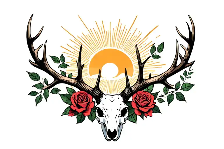 deer skull with antlers and roses intertwined and a sun with rays in the back. it needs to be facing forward tattoo design idea