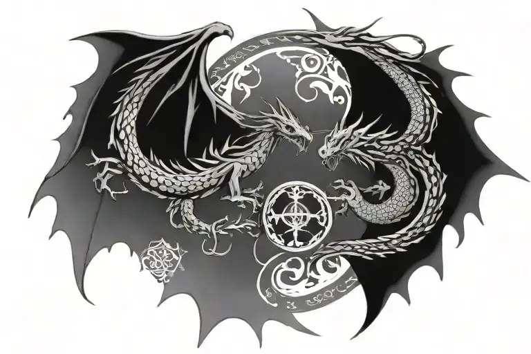 tattoo two dragon silhouettes, flying in a circle and shadows billowing a sword between them with a snowflake on it tattoo design idea