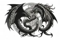 tattoo two dragon silhouettes, flying in a circle and shadows billowing a sword between them with a snowflake on it tattoo design idea