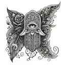 I want an image in realism black and white. Of Hamsa hand, with vines, and instead of an eye in the middle, i want a tig tattoo design idea