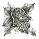 I want an image in realism black and white. Of Hamsa hand, with vines, and instead of an eye in the middle, i want a tig tattoo design idea