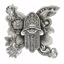 I want an image in realism black and white. Of Hamsa hand, with vines, and instead of an eye in the middle, i want a tig tattoo design idea