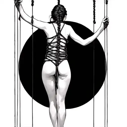 bound woman in shibari ropes suspended on back marionette strings tattoo design idea