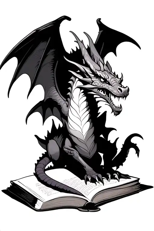 A wild Western-style dragon with wings, coiling upward out of an open magical book at the base. The dragon is fine-line  tattoo design idea