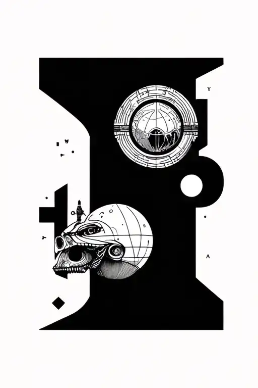 segments from different eras and styles – from antiquity, Egypt, sci-fi, art deco, cyberpunk, NASA motifs tattoo design idea