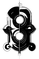 segments from different eras and styles – from antiquity, Egypt, sci-fi, art deco, cyberpunk, NASA motifs tattoo design idea