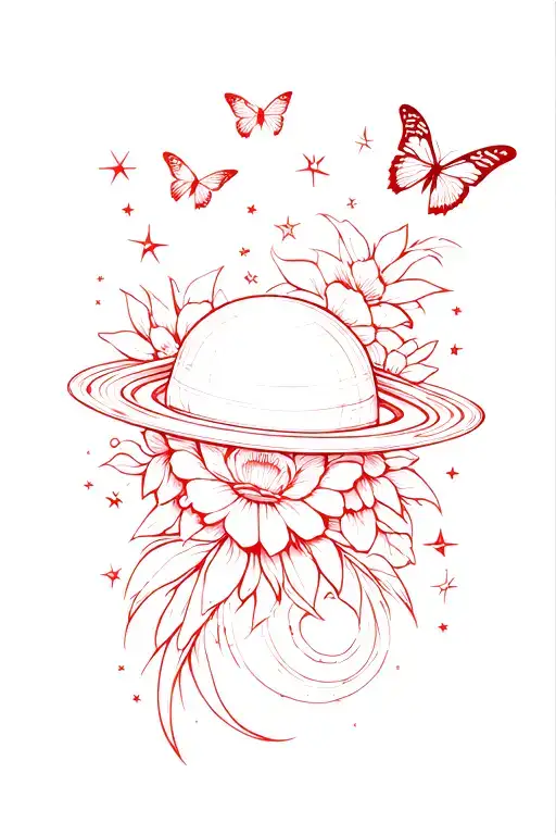 flowers butterflies stars saturn tattoo stencil on shoulder in red ink tattoo design idea