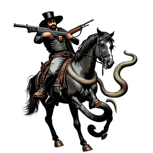 Emiliano zapata holding ak47 on horse on back legs with snake wrapped around the background with the snake face on botto tattoo design idea