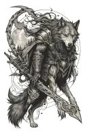 I want the elements of the design (Azrael's separate wolf with the separate scythe of the forest and the background lightning) to be combined into a single, harmonious image, tattoo design idea