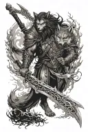 I want the elements of the design (Azrael's separate wolf with the separate scythe of the forest and the background lightning) to be combined into a single, harmonious image, tattoo design idea