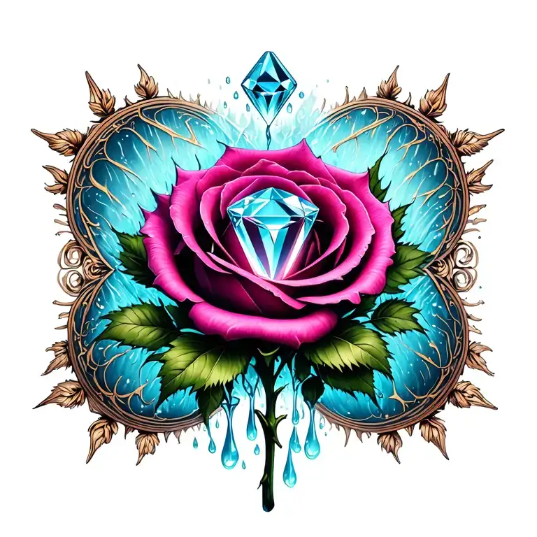 aquamarine diamond in center,thorny long-stemmed rose, rain, surrounded by feminine female reproductive organs tattoo design idea