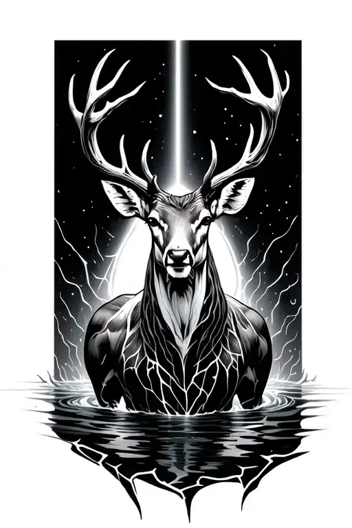 Realistic humanoid deer in dark water, cosmic cracks on body, head down, light beam, sacred geometry. tattoo design idea