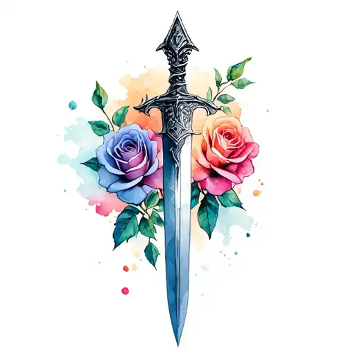 dagger with roses growing tattoo design idea