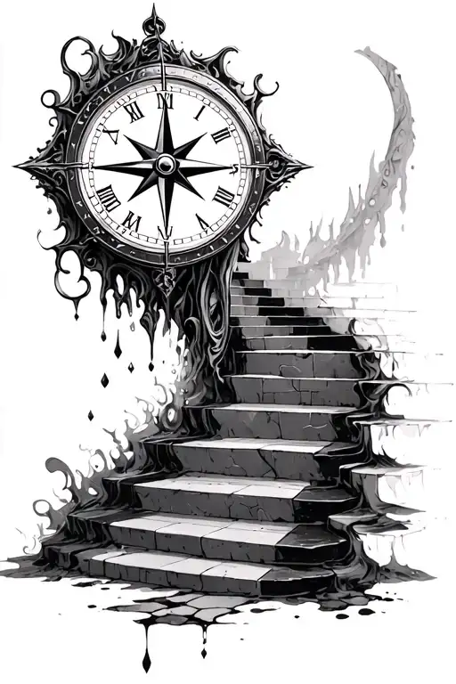 compass at the base of stairs leading to a clock melting tattoo design idea