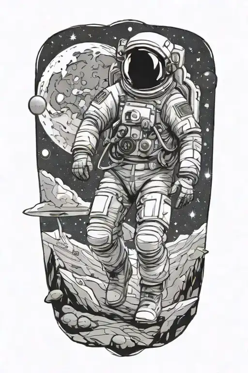 A black-grey tattoo of a astronaut hiking on a planet's surface with a backdrop of stars and galaxies tattoo design idea