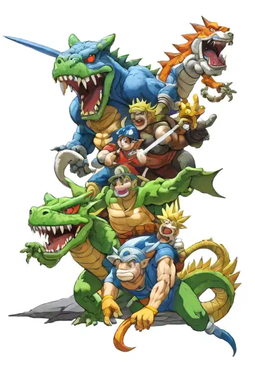 Mario, Luigi, Bowser, Full metal alchemist, Dragon Ball Z, Naruto, Link in a battle royale  tattoo design idea