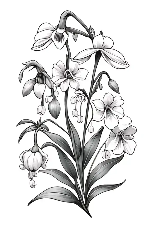  snowdrop, carnation, palsy, primrose, iris, lily of the valley, hawthorn, honeysuckle, rose,water lily, larkspur flower tattoo design idea