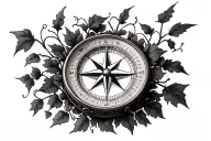 3D tilted compass surrounded by large ivy vines tattoo design idea