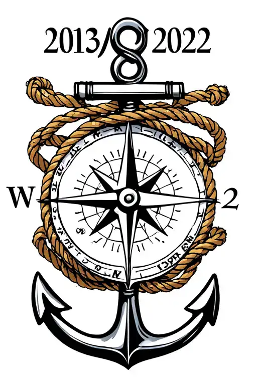 "2013/2015/2022 " nautical compass and anchor with rope rapping with roman numerals  tattoo design idea