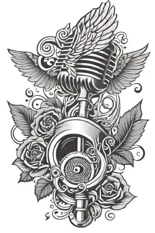 music, microphone, treble clef, wing tattoo design idea
