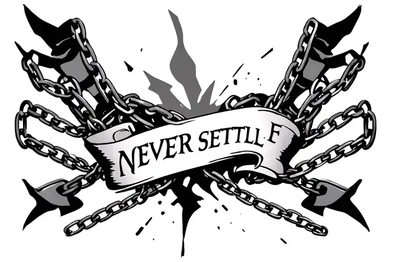 Create me tattoo in collarbone with chains coming from shoulder and breaking in between in centre I need "NEVER SETTLE F tattoo design idea