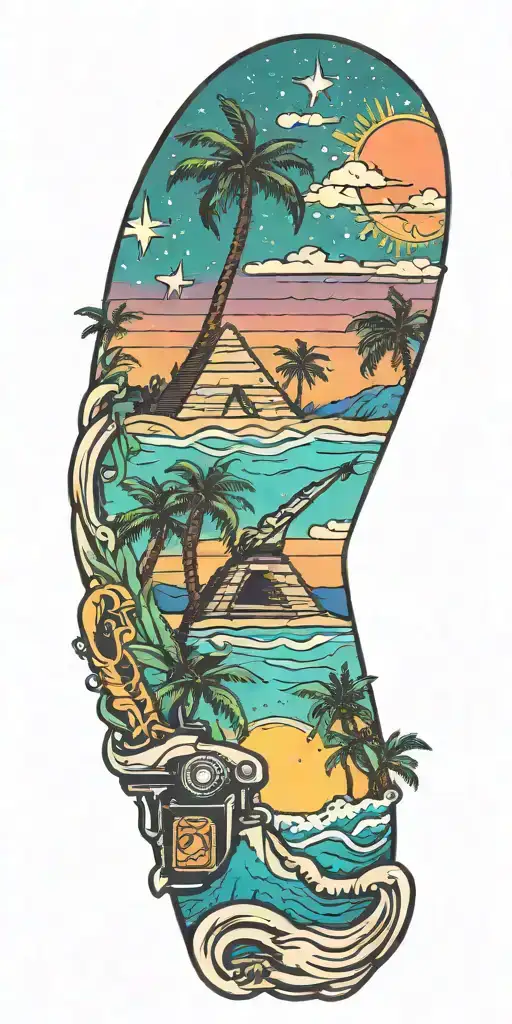 outer space, palm tree, galaxy, pyramid, shoal wintergreen dip can in the sand with a sunset, ray gun,  tattoo design idea
