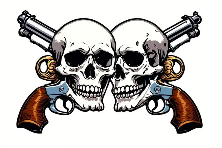 2 skulls with crossed revolvers in mouths tattoo design idea