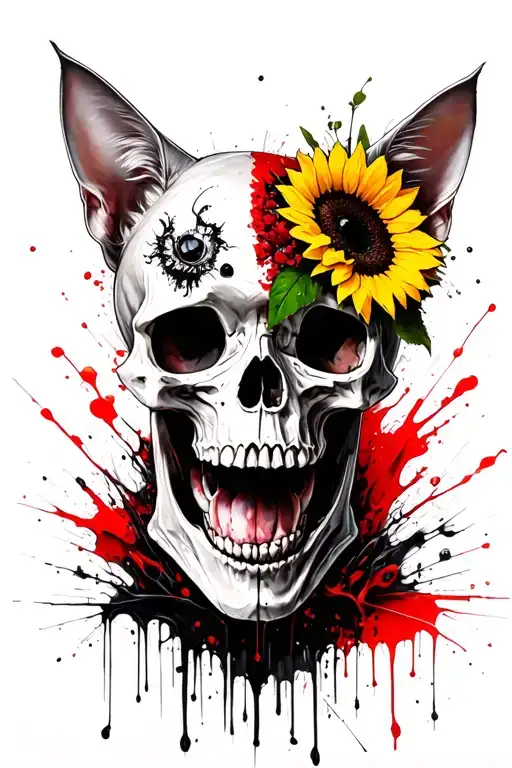 I want 4 skulls and 1 dog skull. 1 of the skulls I want a cat Oman that is half alive with a sunflower headband tattoo design idea