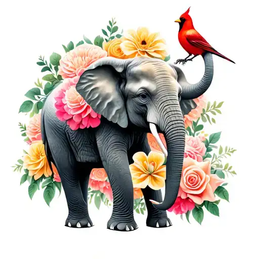 elephant, cardinal bird, roses, lily flowers, chrysanthemum, hydrangeas, carnations tattoo design idea