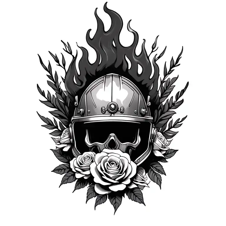 fire helmet and roses blooming tattoo design idea