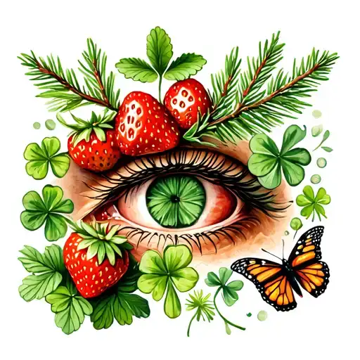 Medium -sized tattoos include images of a spruce branch, oregano flowers, strawberries, clover and butterflies Packed eye tattoo design idea