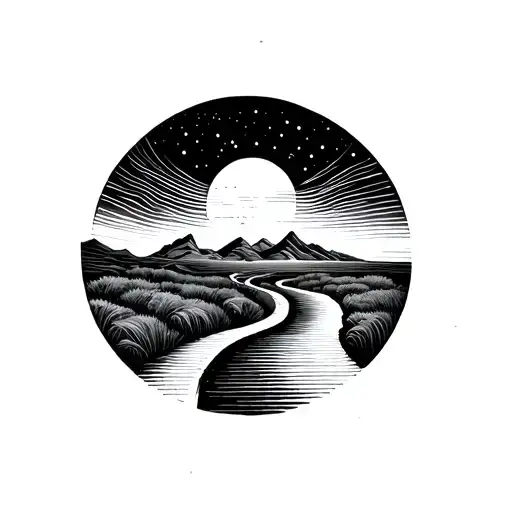 winding path leading beyond the horizon, symbol of trust and courage without borders, abstract lines, timeless tattoo design idea