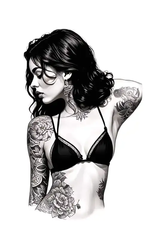 tattoo woman ware bikini show whole body standing Sideway tattoo design idea