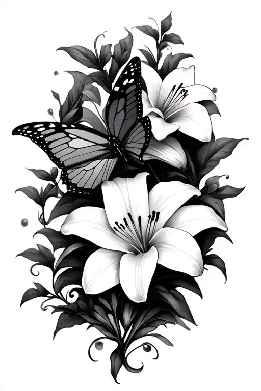 vines, lilies, butterfly tattoo design idea