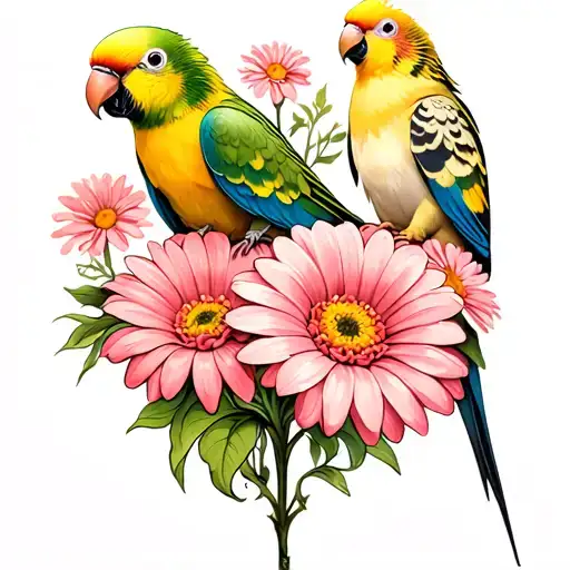 gerbera daisies with a parakeet on one side and cockatiel on the other side tattoo design idea
