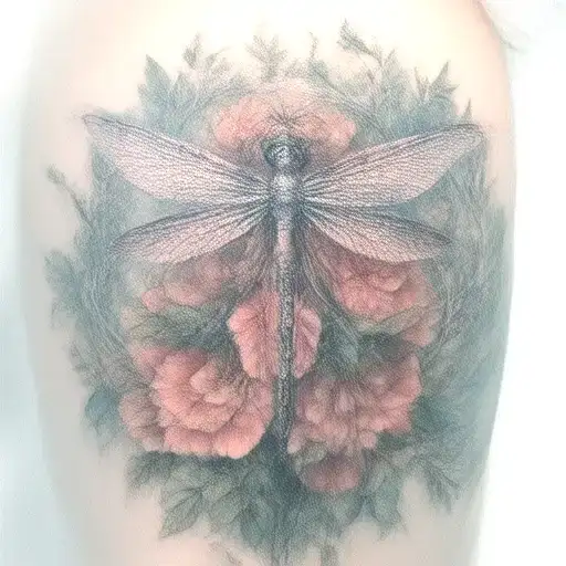 dragonfly , flowers fairy's mystical forest scene tattoo design idea