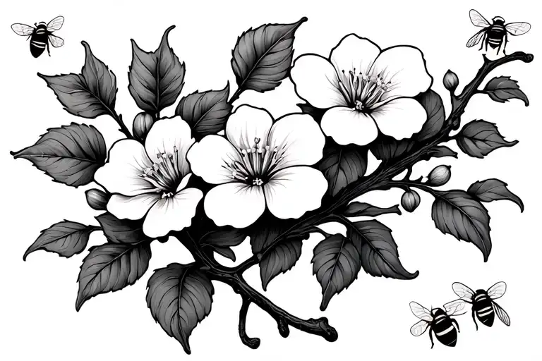 i want a thin line work tattoo of a jasmine flower vine or branch with a couple bumblebees flying around the flowers tattoo design idea