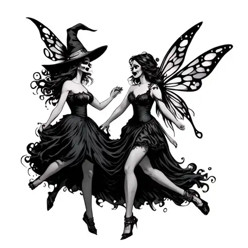a fairy woman and a witch woman with a skull face dancing around tattoo design idea