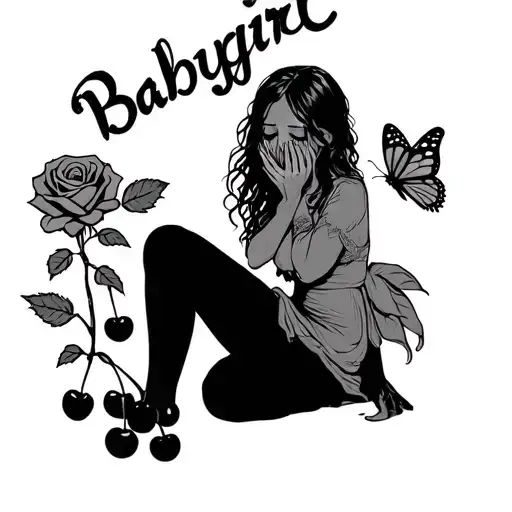 Outline of girl crying on knees underneath words in prison font saying "babygirl" with a rose, cherries and a butterfly tattoo design idea