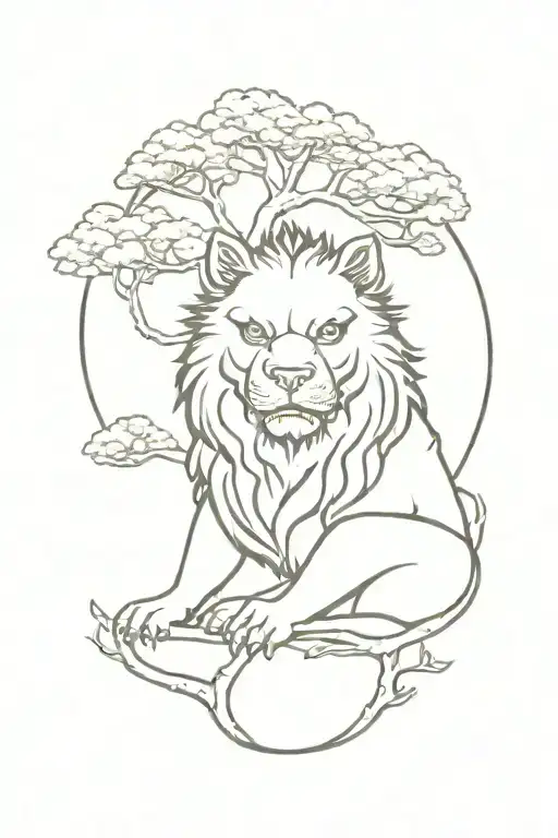 japanese foo dog head and chest sitting under tree of life tattoo design idea