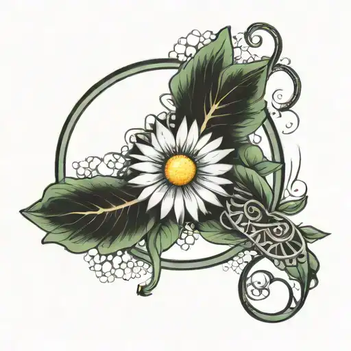 daisy with enso circle with serotonin and dopamine molecules tattoo design idea