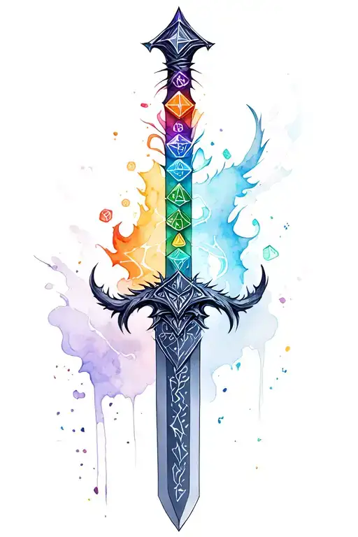 sword with dragon style hilt and blade made of polyhedral dice, starting with a d20 at the hilt down to d4 as point tattoo design idea