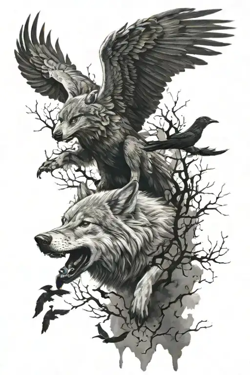 wolf and crows flying tattoo design idea