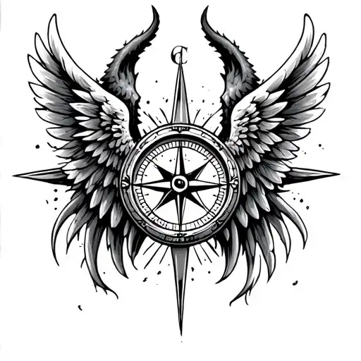 compass half demon angel wings tattoo design idea