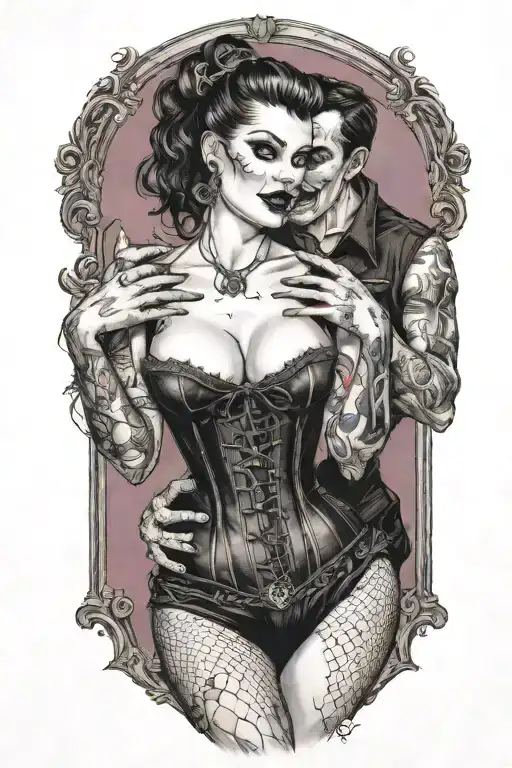 realistic scene of a gothic pinup girl waering corset and fishnets being bitten by a scary male vampire tattoo design idea