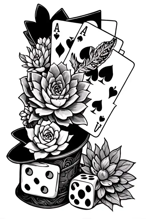 western sleeve with tooled leather, succulents, playing cards, two dice, etc. tattoo design idea