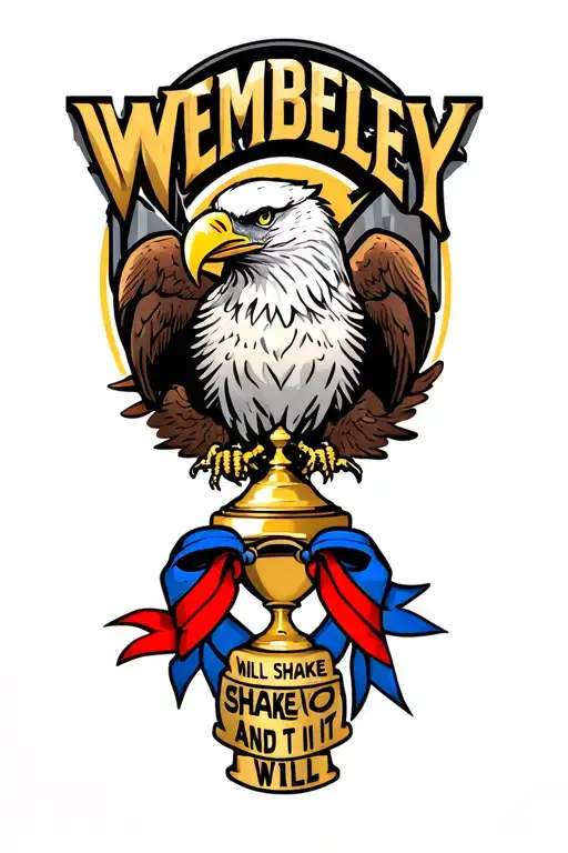 "Wembley will shake and it will" eagle holding trophy with red and blue ribbons please incorporate Wembley arch in background.  tattoo design idea